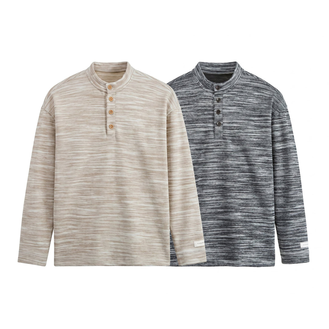 Men's Structured Henley Knit Sweater with Stand-Up Collar and Mélange Texture Mune Fashion