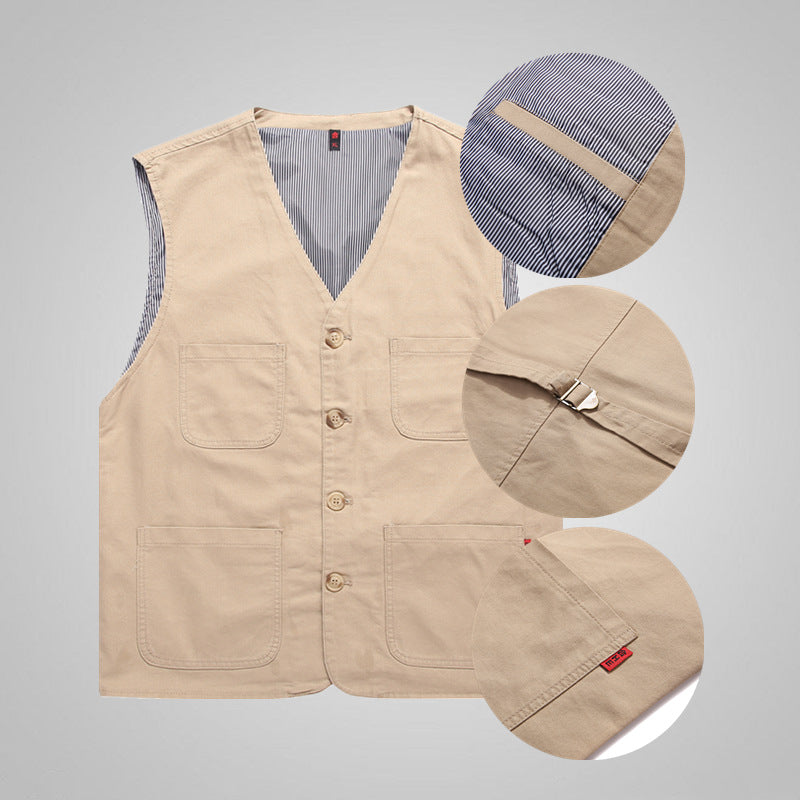 Men's canvas utility vest made of cotton with patch pockets and striped lining Mune Fashion