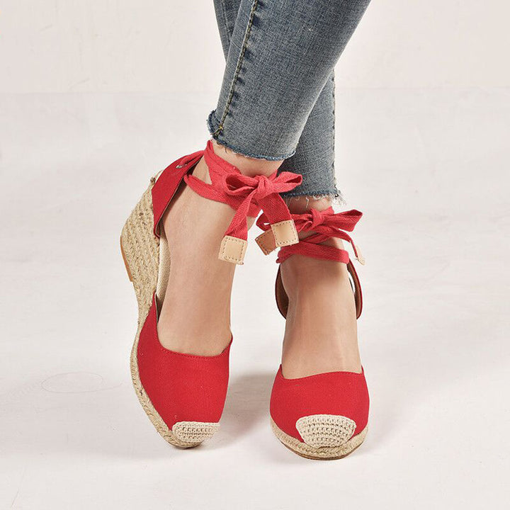 Women nan Textil-espadrille with jute wedge, bow strap ankle strap and crocheted toe cap Mune Fashion