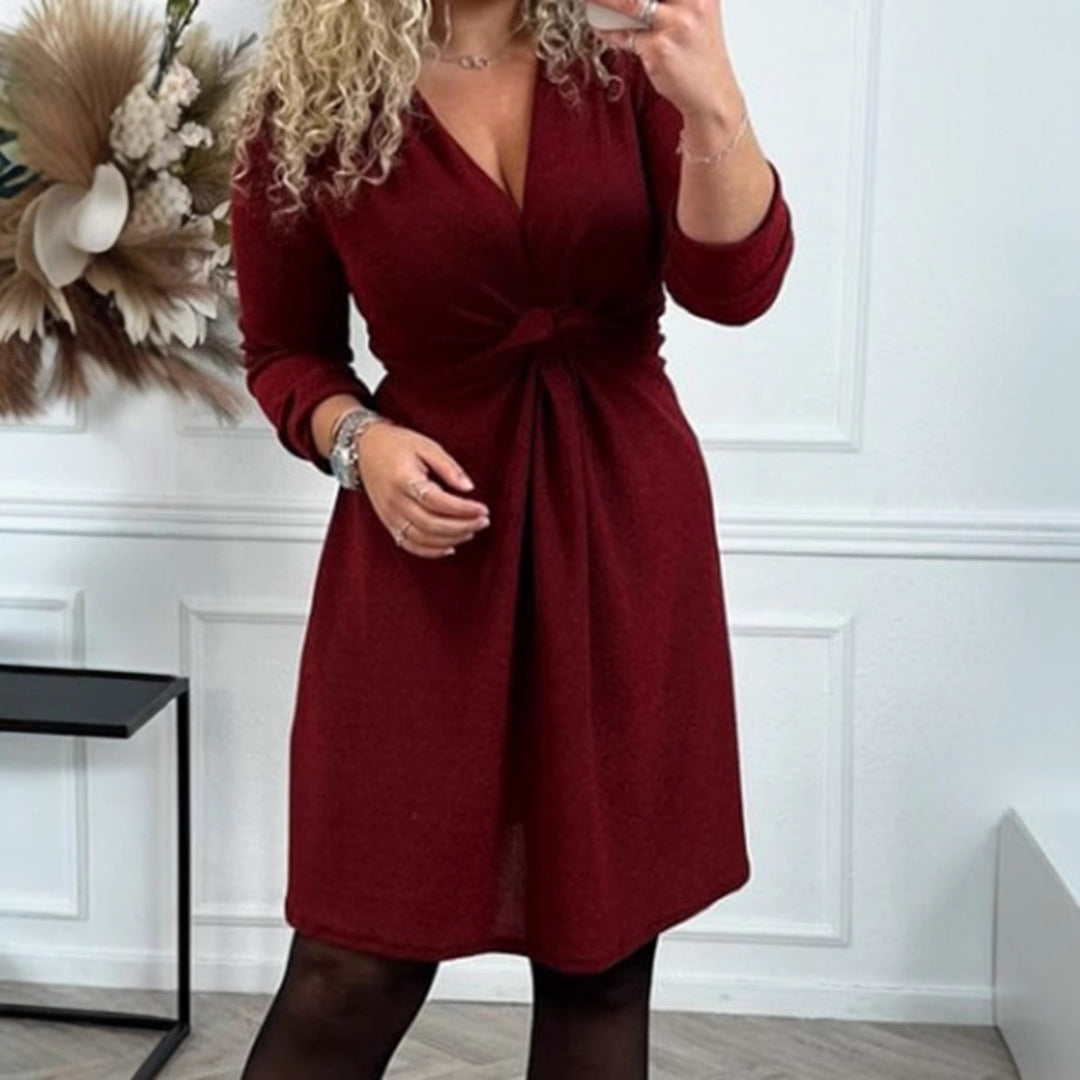 Women's knee-length V-neck dress with gathered waistband made of lightweight glossy knit Mune Fashion