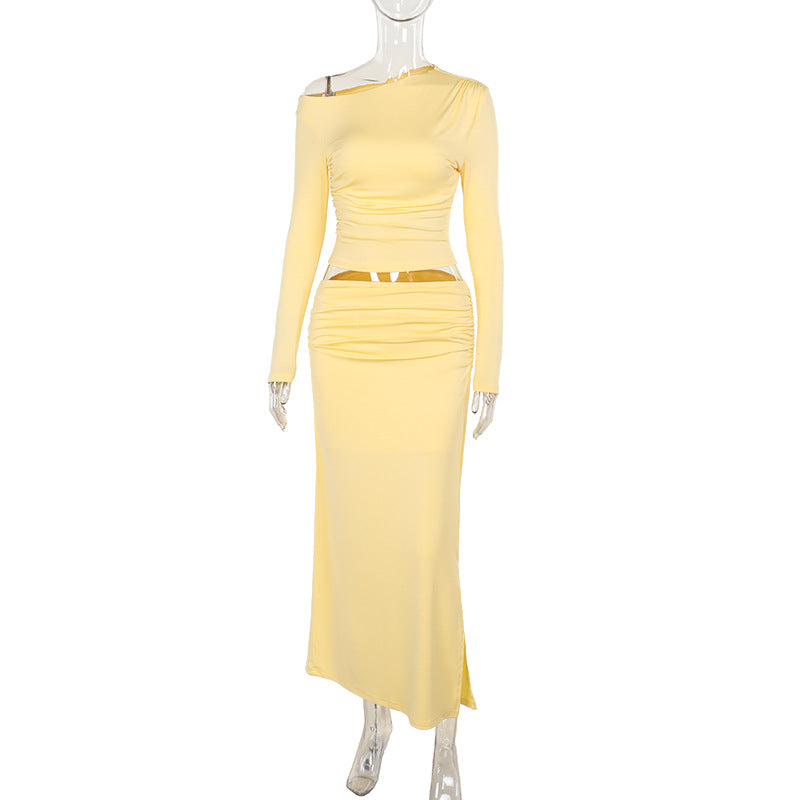 Damen Asymmetrisches Crop‑Top und taillenbetonter Maxirock‑Set aus Stretchjersey Mune Fashion