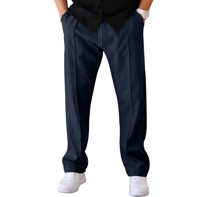 Men's Straight Cut Casual Pants with Drawstring, Crease and Side Pockets Mune Fashion