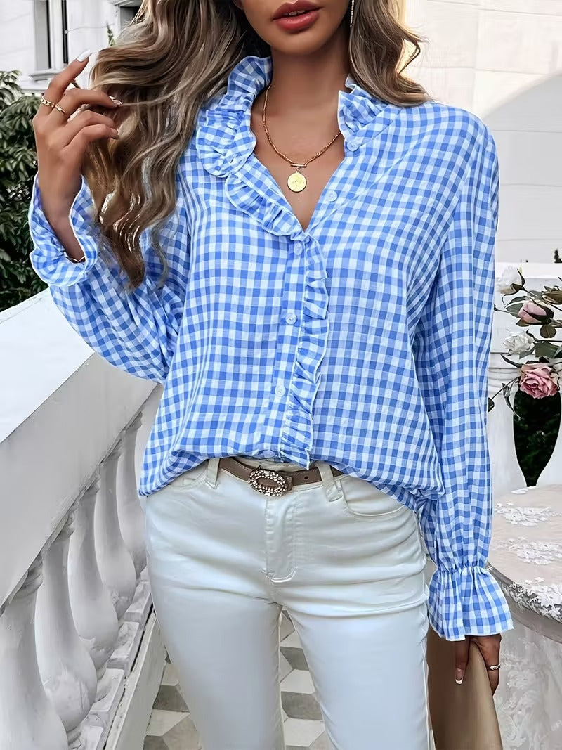 Women's checkered ruffle blouse with stand-up collar, concealed button placket, and bell sleeves Mune Fashion