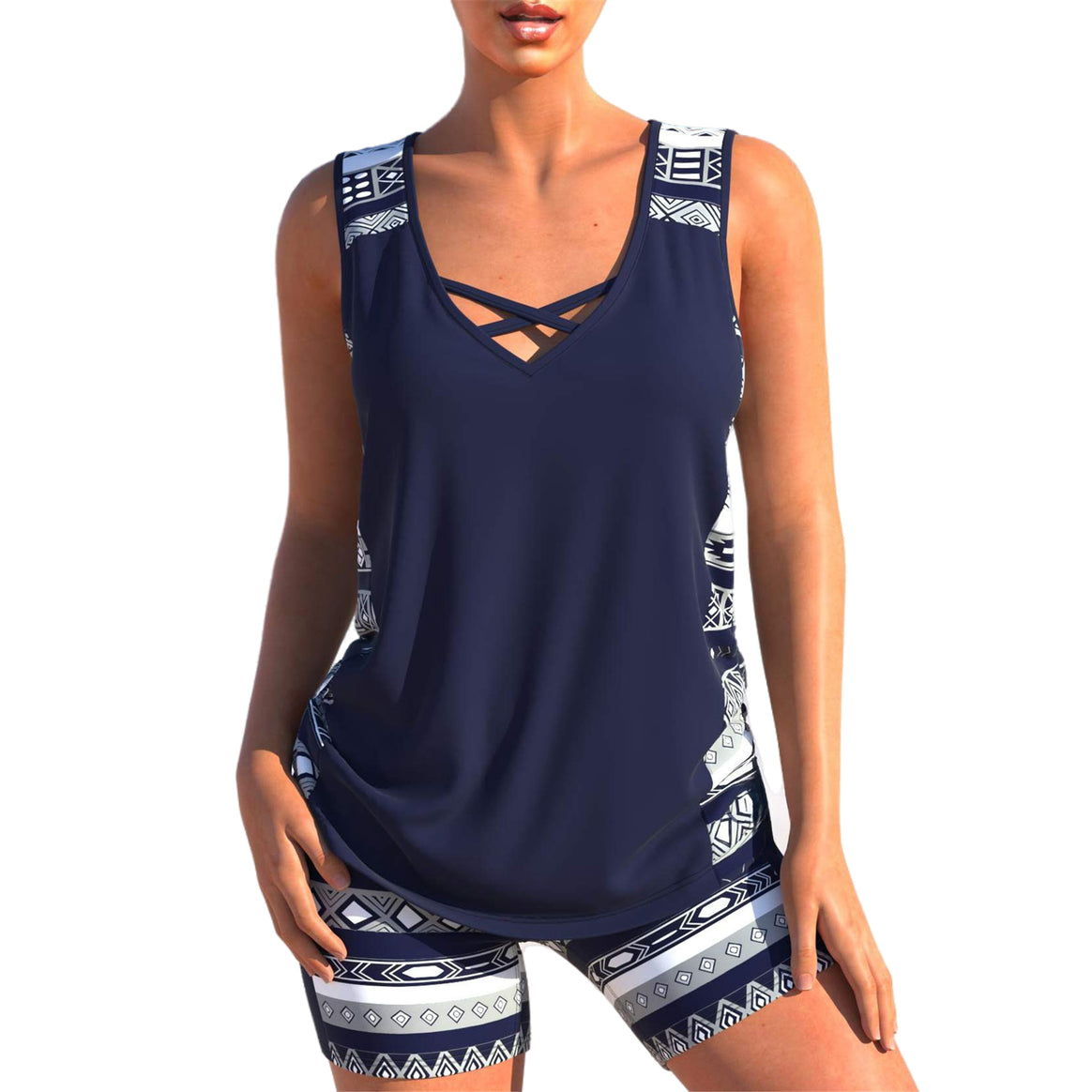 Women's sporty tankini two-piece with V-neck and crossed chest straps Mune Fashion