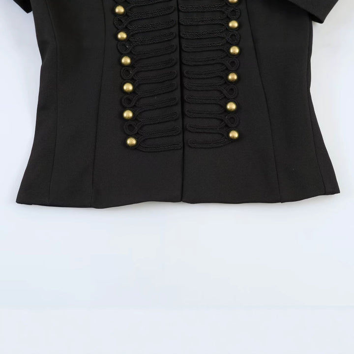 Women Short-Cut Military Inspired Blazer with Stand Collar and Decorative Cord Front Mune Fashion