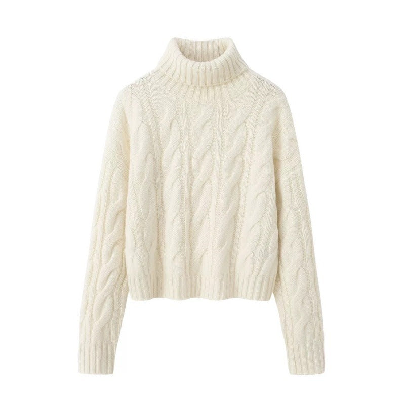 Women's Short Cropped Cable Knit Turtleneck Sweater with Boxy Silhouette Mune Fashion