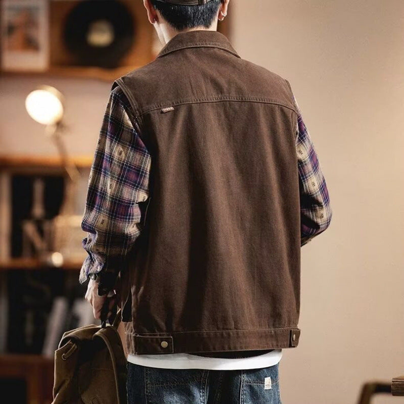 Men's utility vest with corduroy collar, snap button closure, and patch flap pockets Mune Fashion