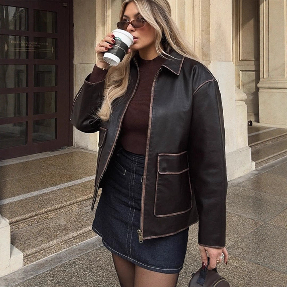 Women's Short Faux Leather Jacket in Aviator Look with Contrasting Decorative Seams Mune Fashion