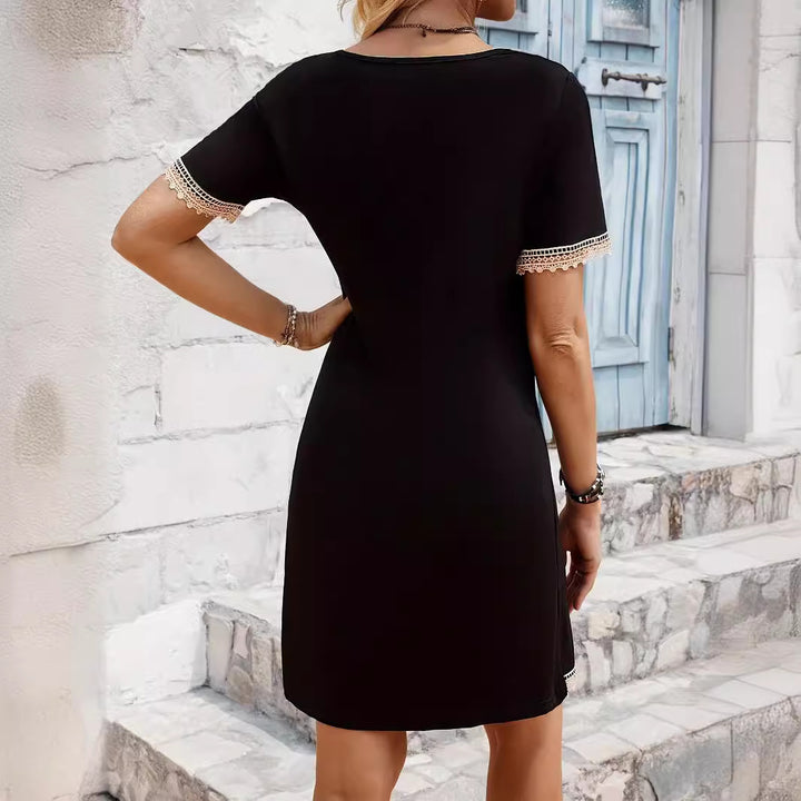 Women’s knee-length A-line dress with deep lace V-neck and delicate crochet trim Mune Fashion