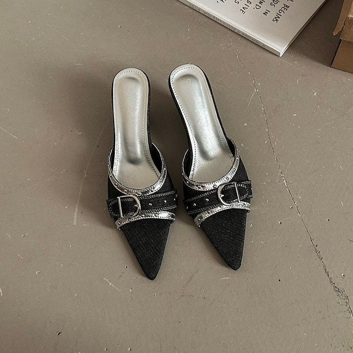 Women’s pointed slip-on mules with double buckle strap and metallic trim Mune Fashion