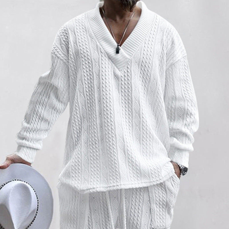Men's relaxed knit ensemble with deep V-neck and elastic drawstring waistband Mune Fashion