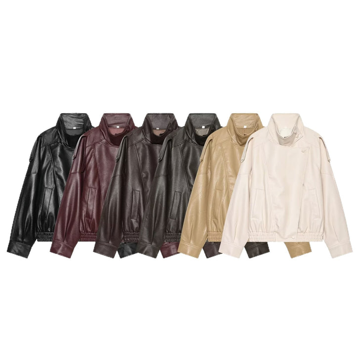 Women's Short Cut Faux Leather Bomber Jacket with Stand-Up Collar and Shoulder Straps Mune Fashion