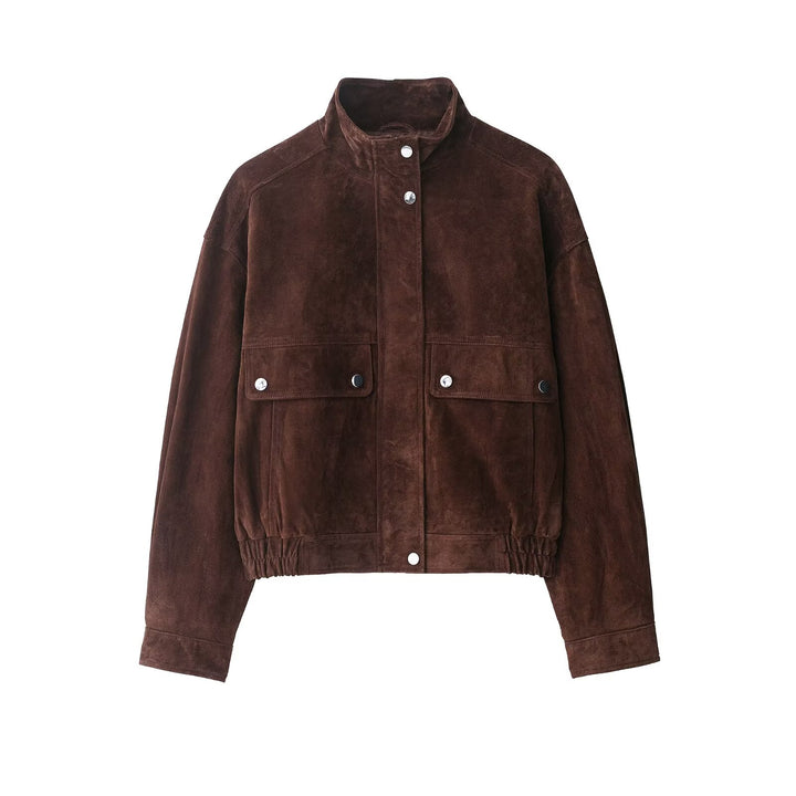 Women's short-cut suede bomber jacket with stand-up collar and flap pockets Mune Fashion