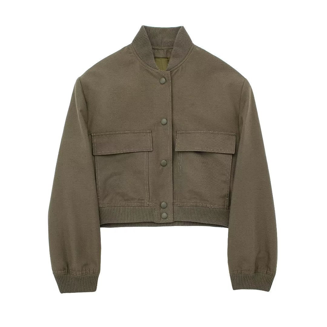Women's Boxy Cropped Jacket in Worker Look with Flap Pockets and Ribbed Collar Mune Fashion