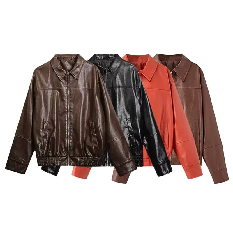 Women nan oversized smooth leather look blouson with shirt collar, all-over zipper and elastic waistband Mune Fashion