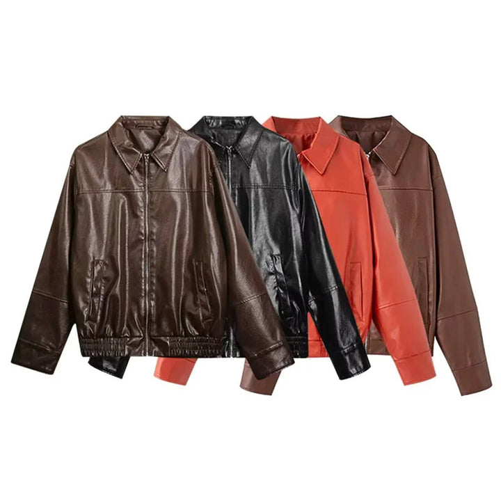 Women nan oversized smooth leather look blouson with shirt collar, all-over zipper and elastic waistband Mune Fashion
