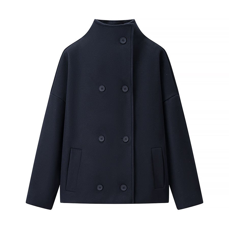 Ladies short double-breasted oversized boxy jacket with stand-up collar and side pockets Mune Fashion