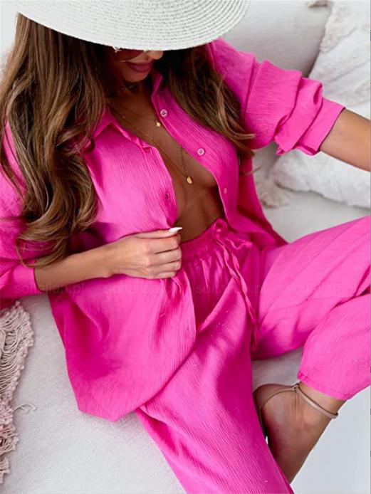 Women's relaxed two-piece lounge set with oversized shirt and elastic waistband pants Mune Fashion