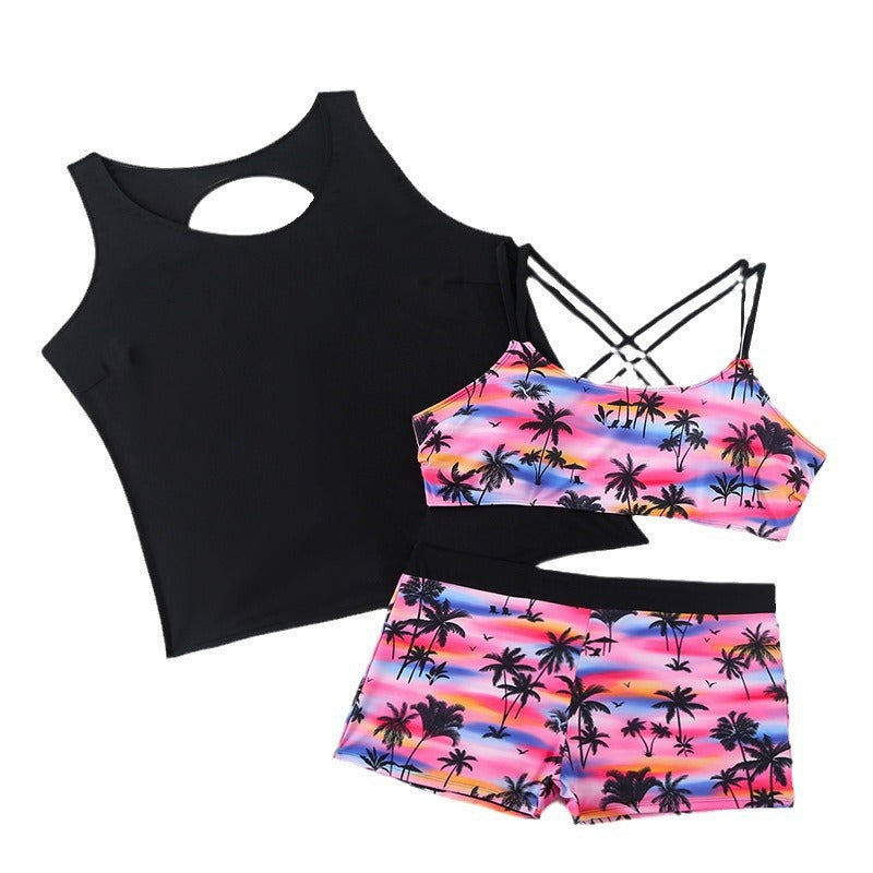 Women's Sporty Swim Set with Fashionable Cut-Out and Tropical Motif Mune Fashion