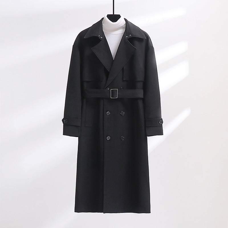 Men's Long Double-Breasted Trench Coat with Waist Belt and Oversized Shawl Collar Mune Fashion