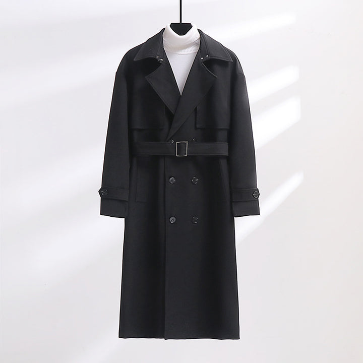 Men's Long Double-Breasted Trench Coat with Waist Belt and Oversized Shawl Collar Mune Fashion