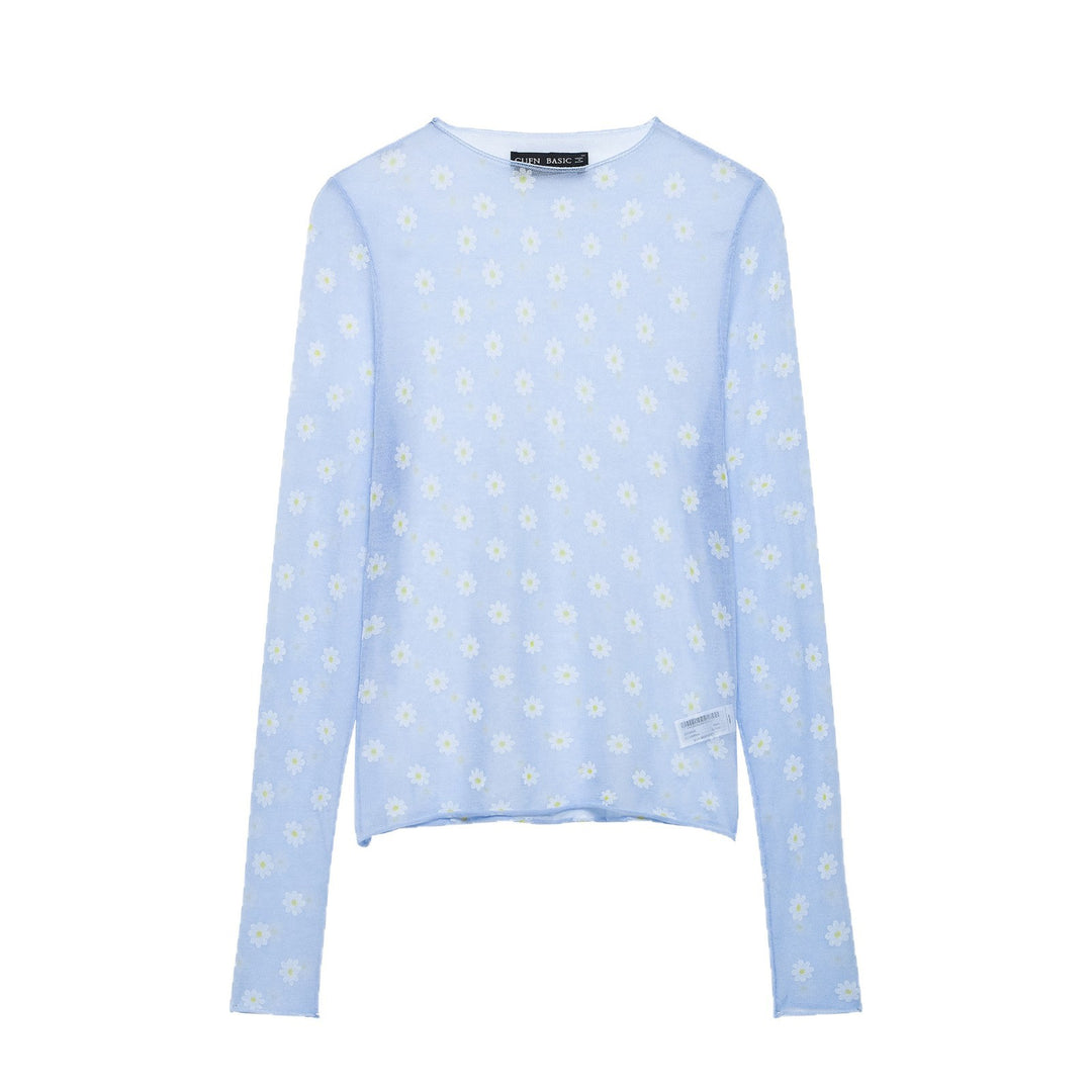 Women Fine Transparent Mesh Long Sleeve with Allover Daisy Print and Round Neckline Mune Fashion