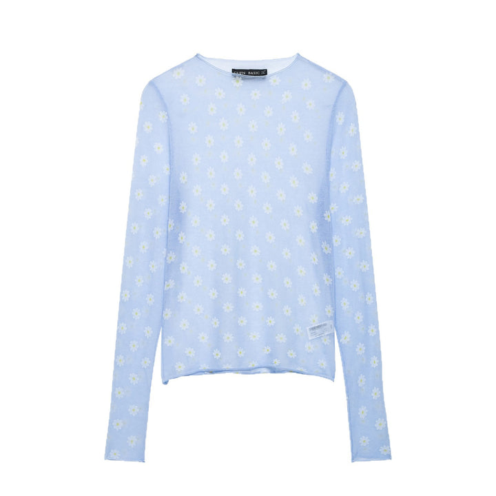 Women Fine Transparent Mesh Long Sleeve with Allover Daisy Print and Round Neckline Mune Fashion