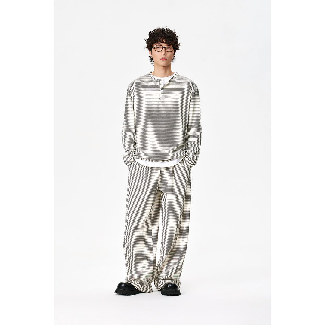 Unisex Striped Henley Long Sleeve Shirt in Oversize Relaxed Fit with Button Placket Mune Fashion