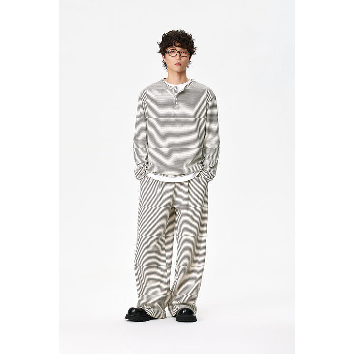 Unisex Striped Henley Long Sleeve Shirt in Oversize Relaxed Fit with Button Placket Mune Fashion