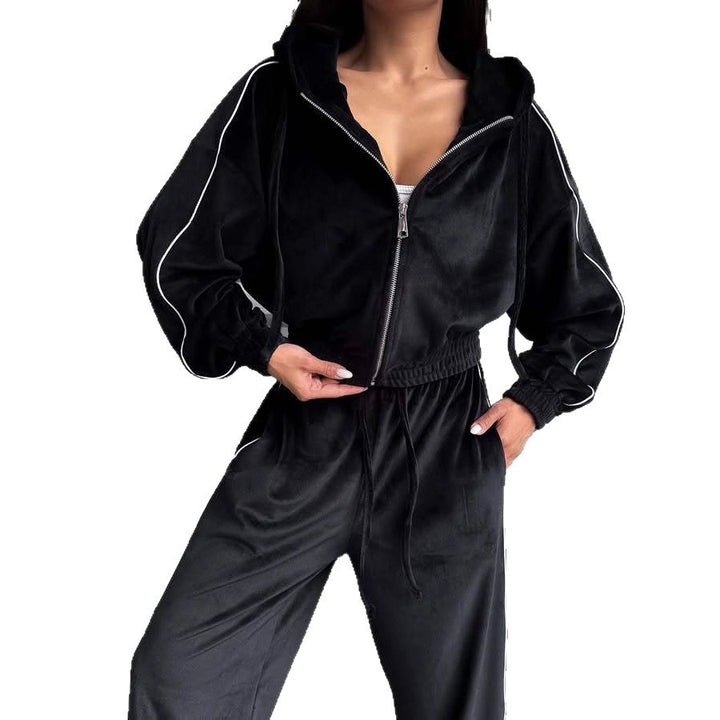 Women Velvet Lounge Set with Cropped Zip Hoodie and Wide High-Waist Jogger Mune Fashion