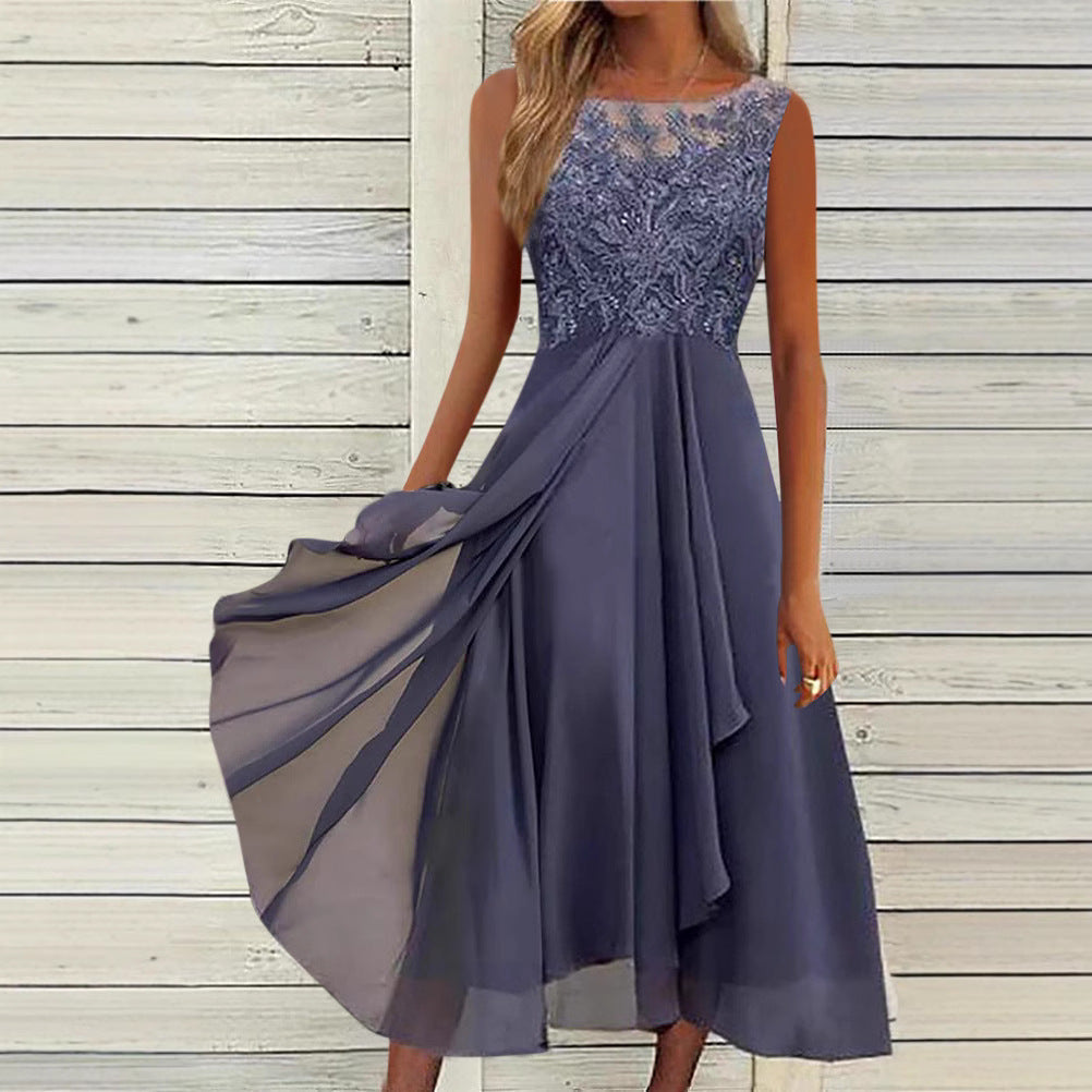 Women's sleeveless chiffon midi dress with embroidered illusion lace, boat neckline, and multilayer flared skirt Mune Fashion