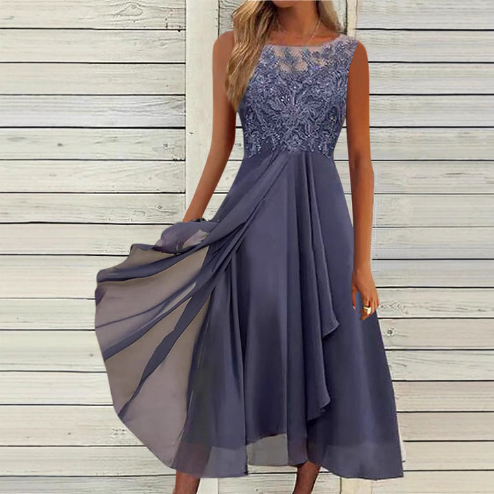 Women's sleeveless chiffon midi dress with embroidered illusion lace, boat neckline, and multilayer flared skirt Mune Fashion