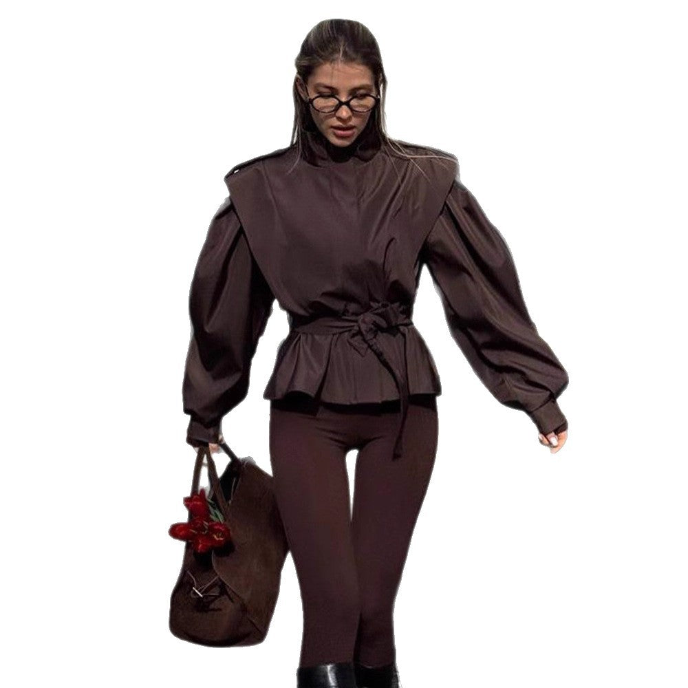 Women's Tailored Peplum Jacket with Tie Belt and Voluminous Sleeves Mune Fashion