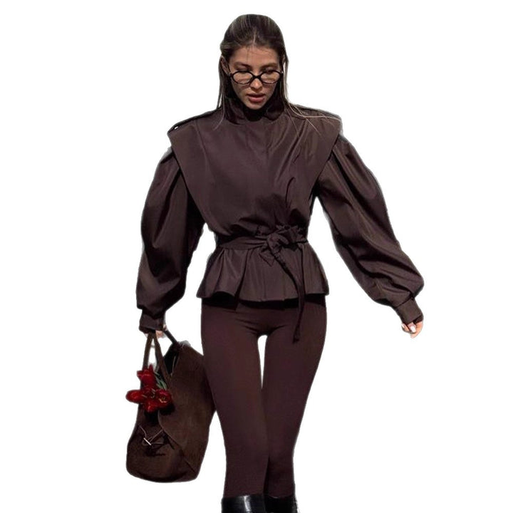 Women's Tailored Peplum Jacket with Tie Belt and Voluminous Sleeves Mune Fashion
