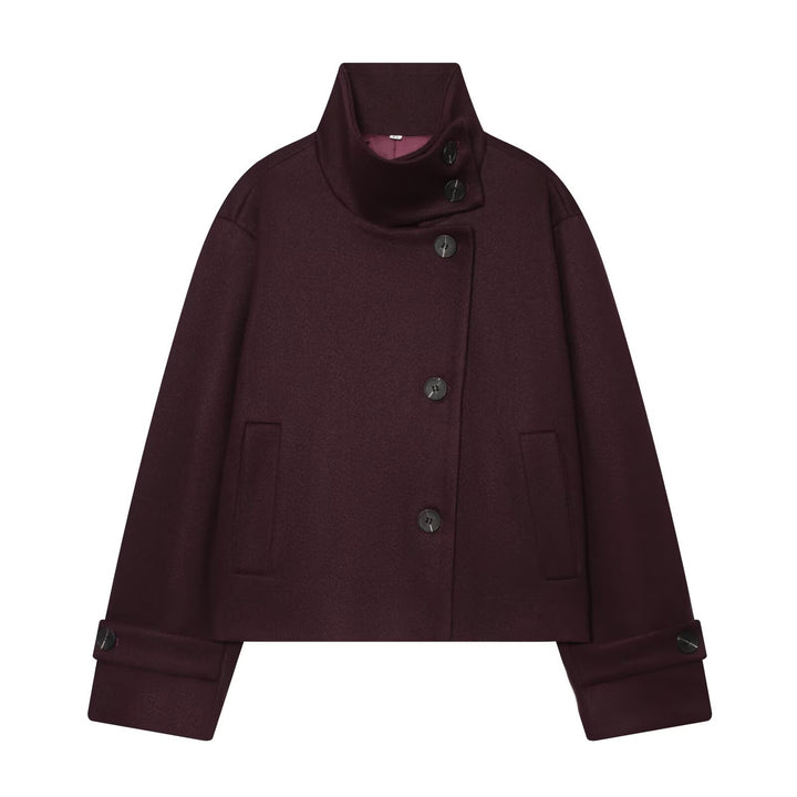 Women Short Cut Wool Coat with High Stand-Up Collar and Buttoned Cuffs Drune