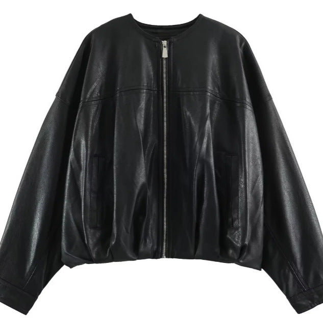 Ladies Wide Cut Cropped Bomber Jacket made of Faux Leather with Round Neckline Mune Fashion