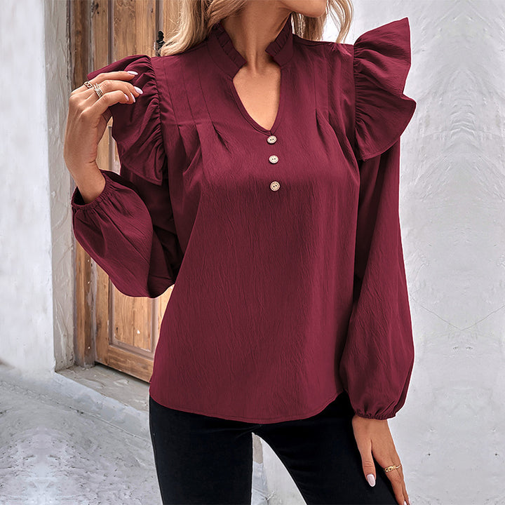 Women's Romantic Ruffled Blouse with Stand Collar, V-Neck and Balloon Sleeves Mune Fashion