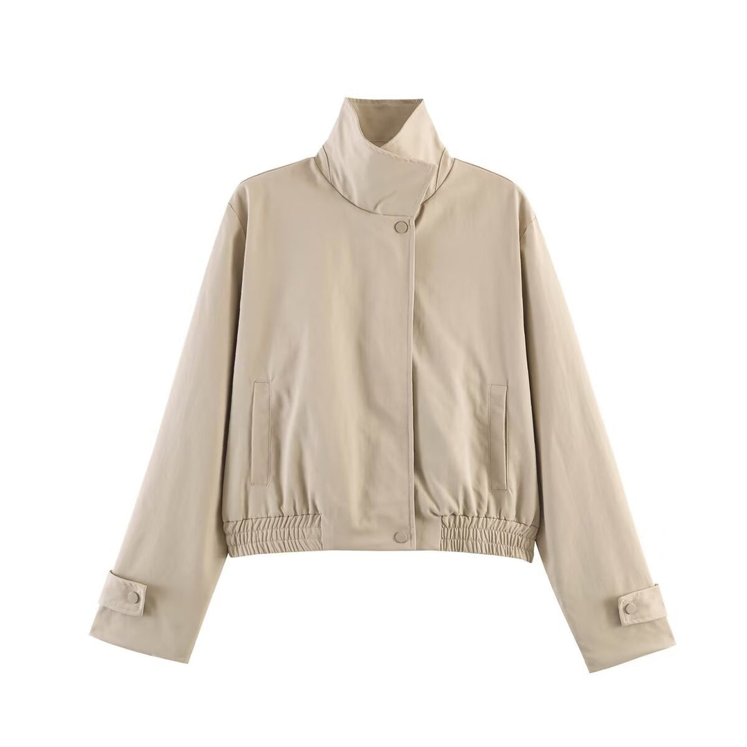 Women's Cropped Boxy Transitional Jacket with Stand Collar, Snap Button Closure and Elastic Waist Mune Fashion