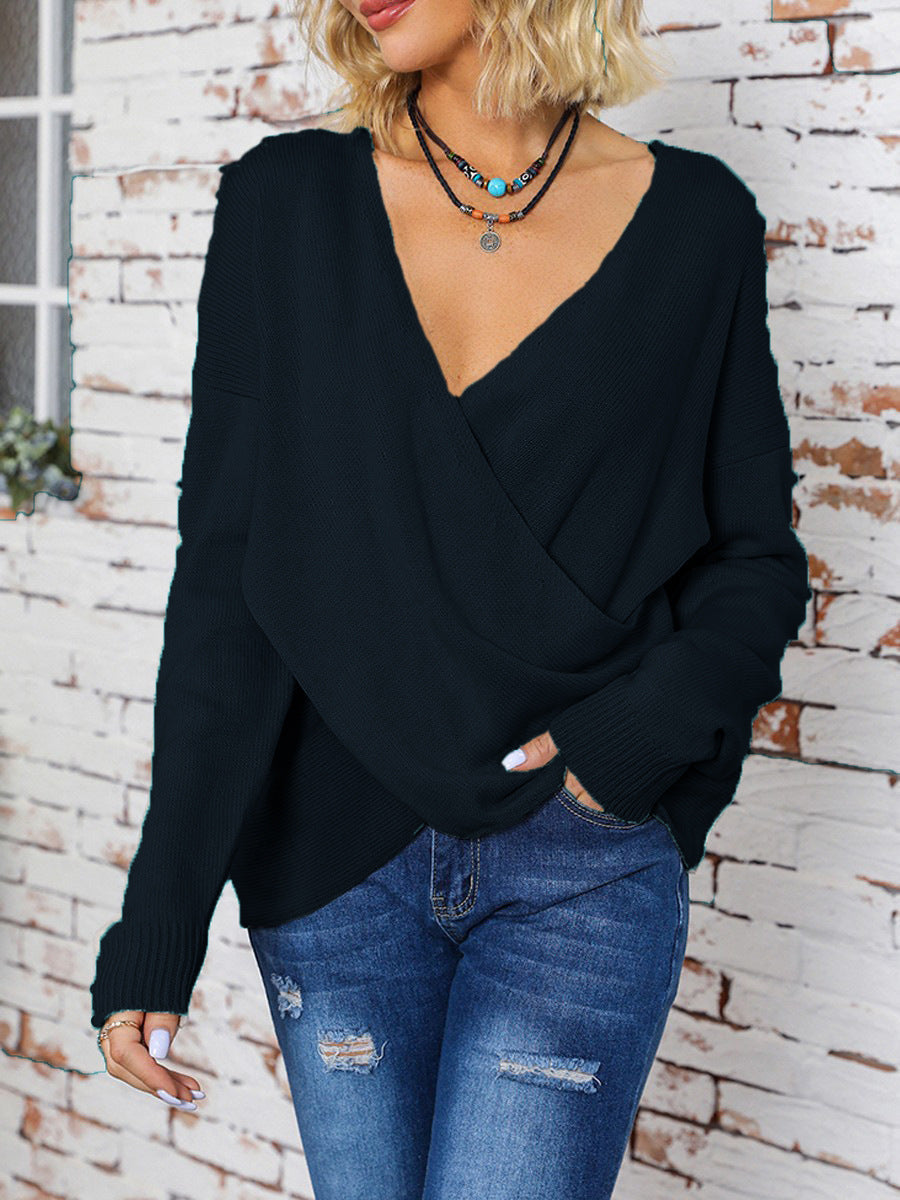 Women's Wrap Knit Sweater with Deep V-Neck and Drop Shoulders Mune Fashion