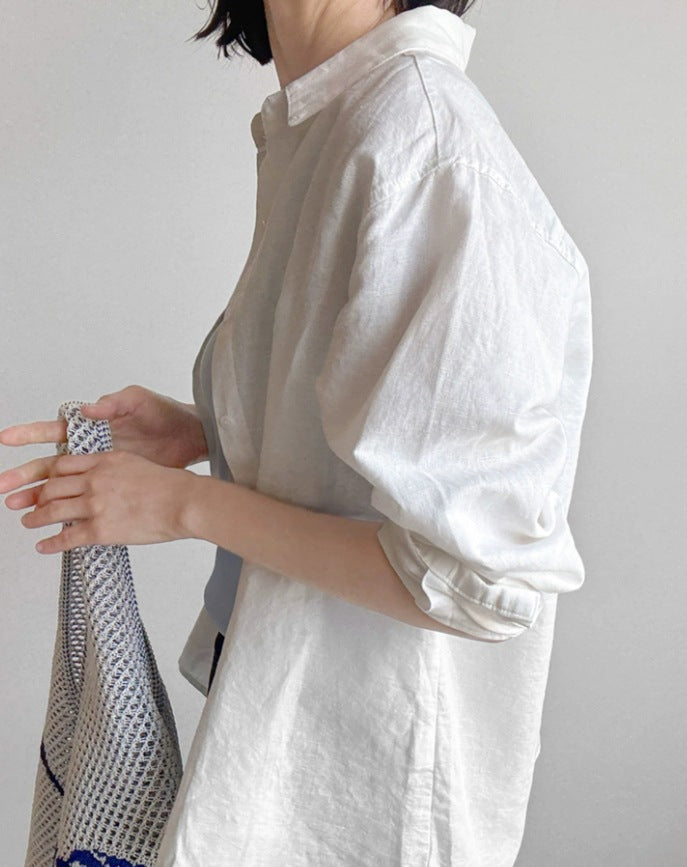 Women Loose Linen Shirt with Boxy Silhouette, Turned-up Cuff and Kent Collar Mune Fashion