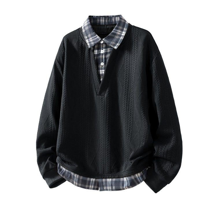 Men's knitted structured V-neck layered sweater with integrated check collar insert Mune Fashion