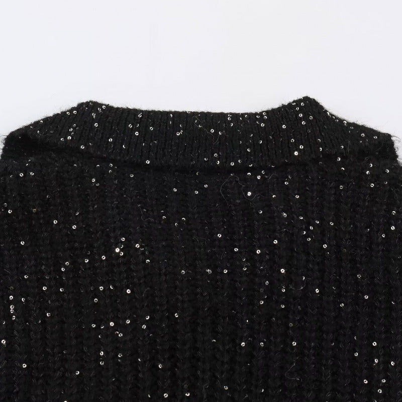 Women's Glittering Oversized Knit Sweater with Lapel Collar and Sequin Trim Mune Fashion