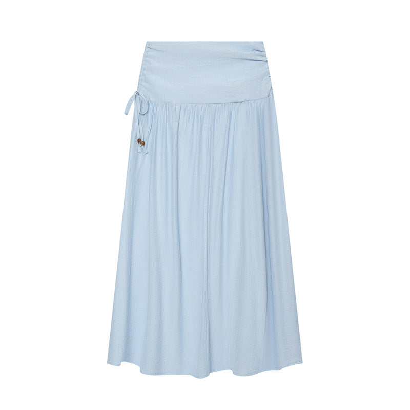 Women Maxi Skirt with High Waist, Side Decorative Cord and Wide Pleated Fall Mune Fashion
