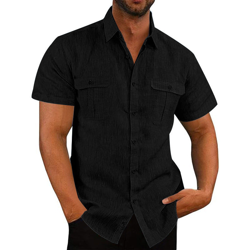 Men's structured short sleeve shirt in linen gauze look with flap pockets and rounded hem Mune Fashion
