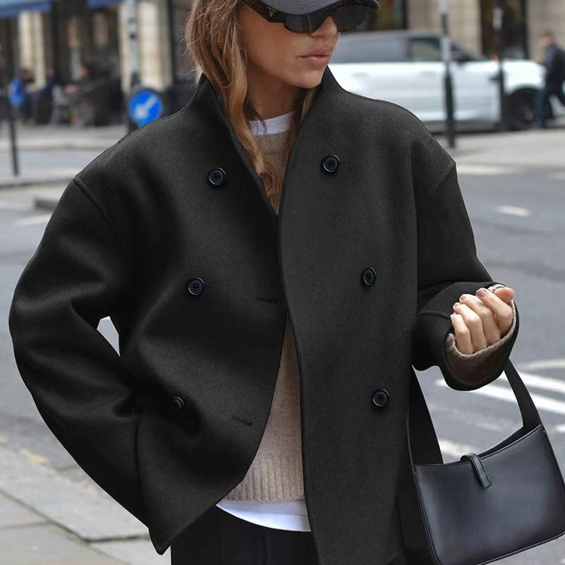 Women Cropped Boucle Boxy Jacket in Double-Breasted with Drop Shoulder Mune Fashion