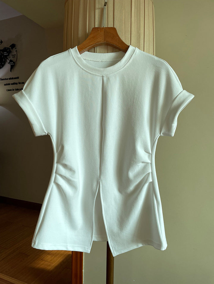 Women Short-Sleeved Structured Jersey Shirt with Waist Gatherings and Front Slit Mune Fashion
