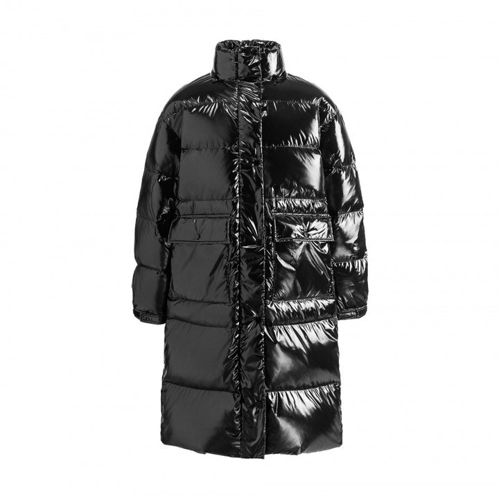 Women's longer shiny quilted puffer coat with hood, utility pockets and oversized silhouette Mune Fashion