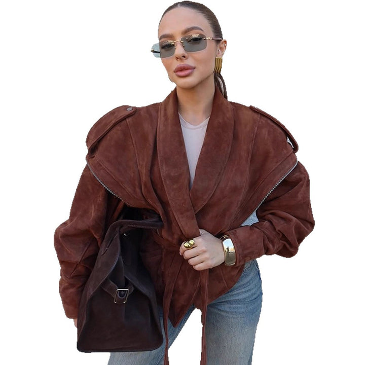 Women's Suede Wrap Jacket with Wide Shawl Collar and Waist Belt Mune Fashion