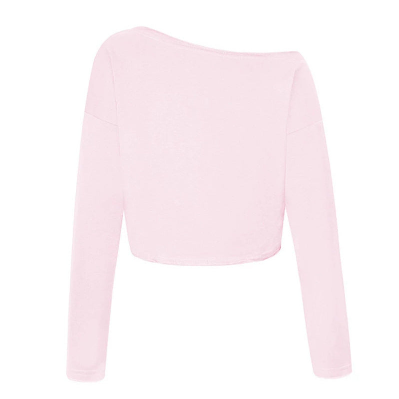 Women's cropped long sleeve shirt with wide boat neckline and dropped shoulders Mune Fashion