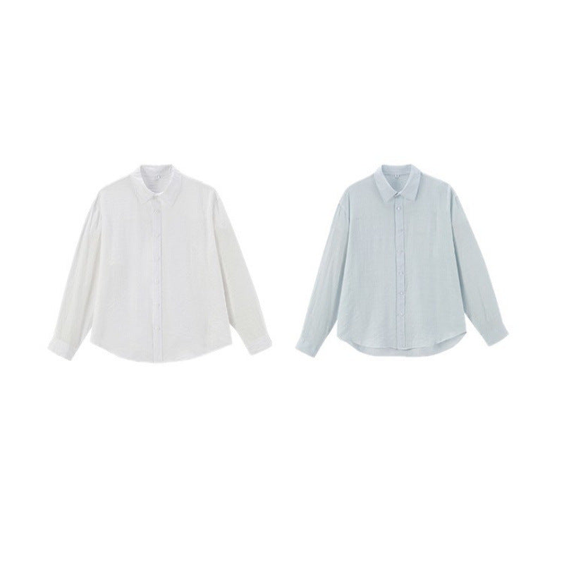 Women's Loose Textured Linen-Cotton Shirt with Kent Collar and Rounded Hem Mune Fashion